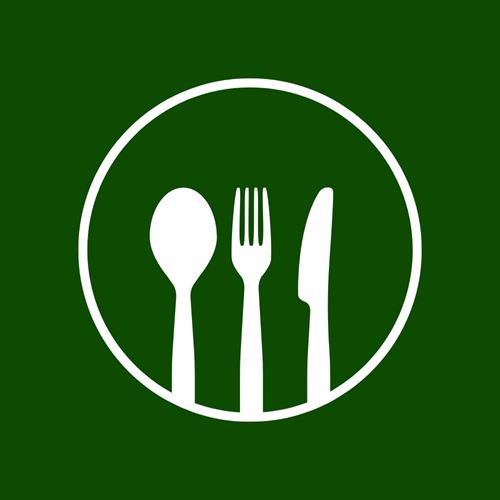 cartoon picture of plate, spoon, fork, and knife. 